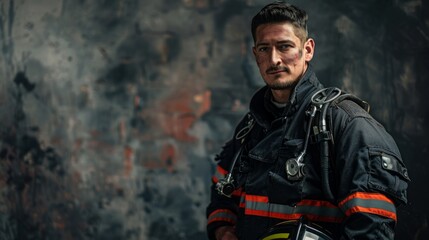 Fototapeta premium Firefighter's Pride: Standing Strong with Helmet and Full Gear