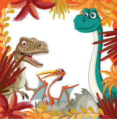 Colorful dinosaurs surrounded by vibrant jungle foliage