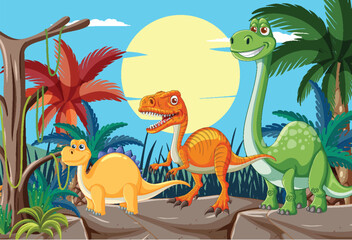 Three dinosaurs in a vibrant jungle setting