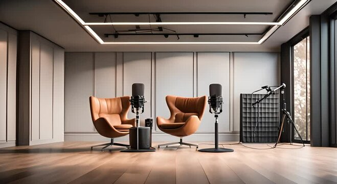 Professional podcast studio with recording equipment on table