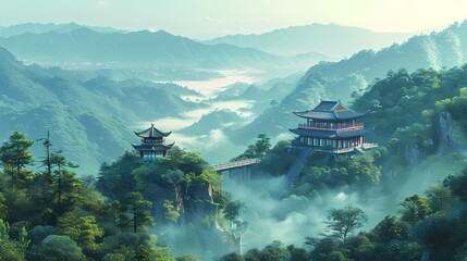 Obraz premium Green mountain forest and mountaintop pavilions illustration poster background