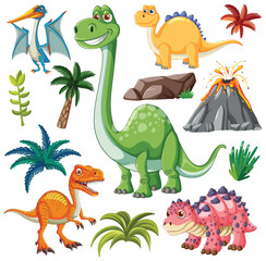 Various dinosaurs with plants and volcano background