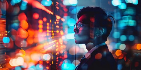 A man in a suit is looking at a computer screen with a blurry background