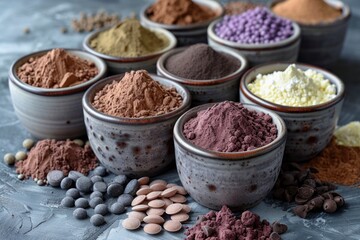 Fototapeta premium assorted protein powders on grey background. nutrition trend, sports nutrition, healthy lifestyle, fitness supplements concept.