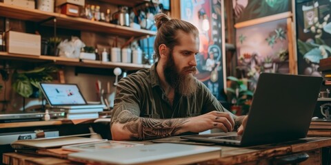 A man with a beard is sitting at a desk with a laptop