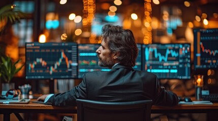 Obraz premium Professional Analyst Monitoring Financial Data on Multiple Computer Screens at Night