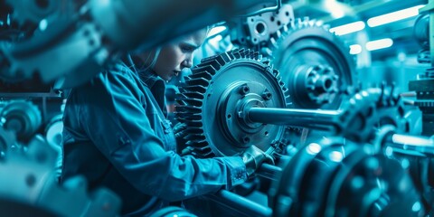 Fototapeta premium A woman is working on a machine with many gears