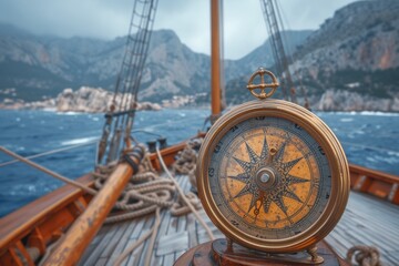 Antique Brass Compass on Wooden Sailboat Deck Against Mountainous Coastline