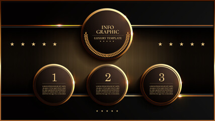 business luxury infographic templates, gold black color, flow chart data visualization for abstract background template 3 steps options.