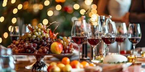 A table with a fruit platter and wine glasses