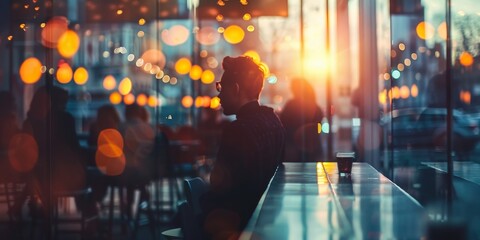 Fototapeta premium A man sits at a table in a restaurant with a cup of coffee in front of him
