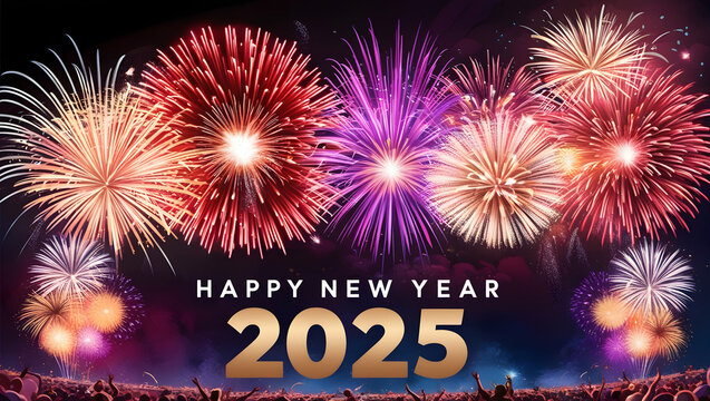 Happy New Year 2025 with fireworks.
