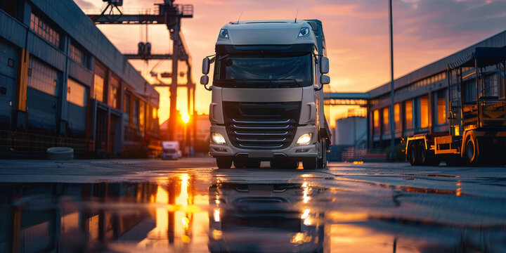 A large truck is parked in a lot with a sunset in the background