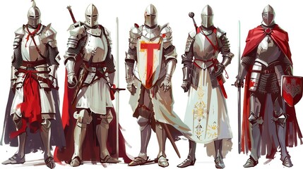 Naklejka premium Five knights in armor stand together