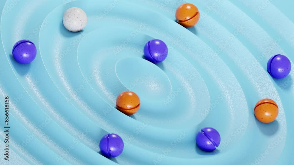 Poster abstract  geometry background, dynamic of colored ball rolling around circle, 3d render looping animation