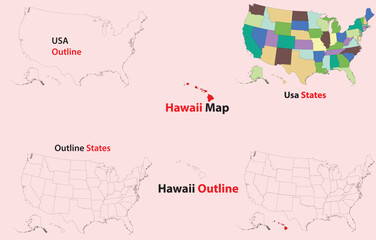 Hawaii map vector of usa, Hawaii line map, Hawaii with city map, Hawaii outline map