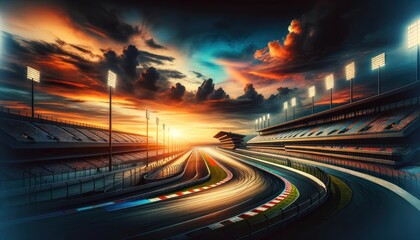 Obraz premium modern racing circuit at sunset. The track is empty and curves gracefully into the distance under a captivating sky