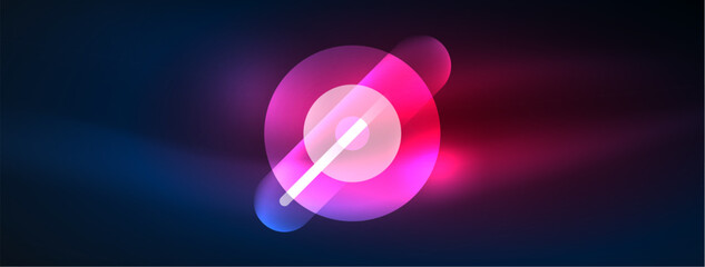 Abstract design pulsates with neon glowing light effects, casting an entrancing glow in the darkness, captivating the eye with its vibrant energy. Glass circles neon glowing light effects