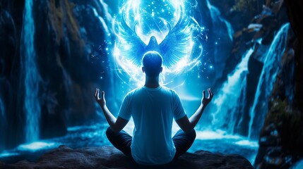 Fototapeta premium A person meditating with a glowing dove above them, set in a dark, mystical atmosphere with a spotlight effect.