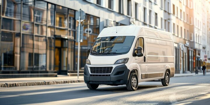 A white van is driving down a street in front of a building