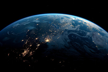 Nighttime View of Earth from Space with Glowing City Lights and Stars