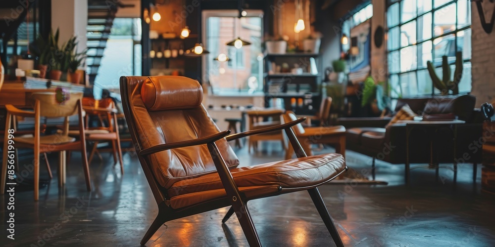 Poster A tan leather chair sits in a room with a lot of furniture