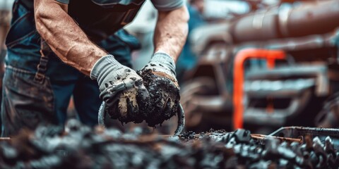 Obraz premium A man is wearing gloves and working on a piece of machinery