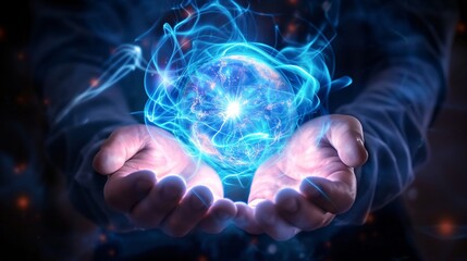 Hands holding a glowing orb with blue ethereal smoke swirling above, set against a dark background.
