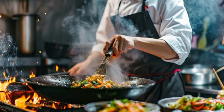 A chef is cooking food in a wok with a lot of smoke