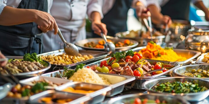A group of people are serving food at a buffet