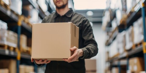 A man is holding a cardboard box in a warehouse