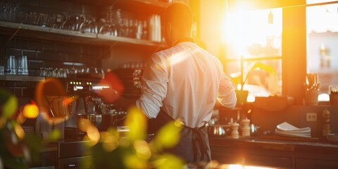 A chef is standing in a kitchen with a bright sun shining through the window