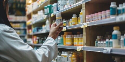 A person in a white lab coat is reaching for a bottle of medicine on a shelf