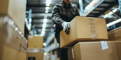 A man is carrying a box in a warehouse