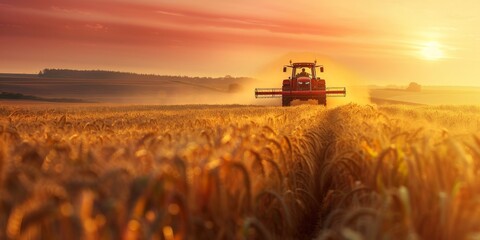 Fototapeta premium A tractor is spraying a field of wheat