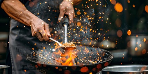 A chef is cooking food in a wok with a lot of smoke and sparks