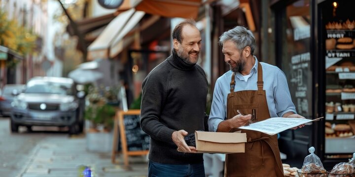 Two men are standing on a street, one of them holding a box of food