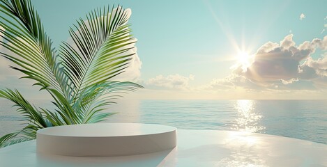Fototapeta premium Serene Tropical Ocean View with Palm Leaves and Round Platform at Sunset