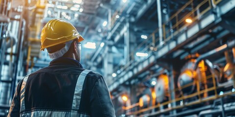 Fototapeta premium A man in a yellow helmet is standing in a large industrial building