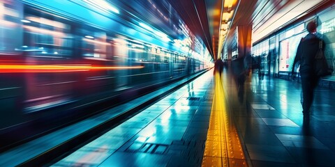 A blurry image of a train station with people walking on the platform