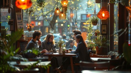 A group of colleagues having a casual meeting at a modern cafe