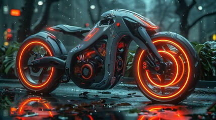  A high-tech, futuristic bike with a minimalist design and glowing red accents