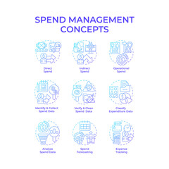 Spend management blue gradient concept icons. Expense reports, financial growth. Economic stability. Icon pack. Vector images. Round shape illustrations for infographic, presentation. Abstract idea