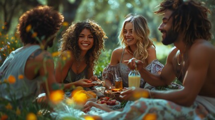 A group of friends enjoying a picnic in a park on a sunny day. They are sitting on a blanket, sharing food and laughing together