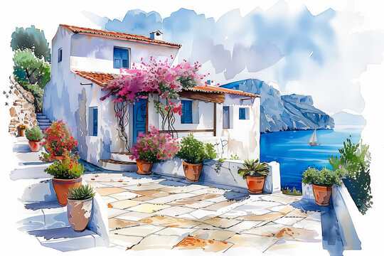 Fototapeta Greece, painting watercolor illustration. The sun is bright colors, an abstract decorative sketch.