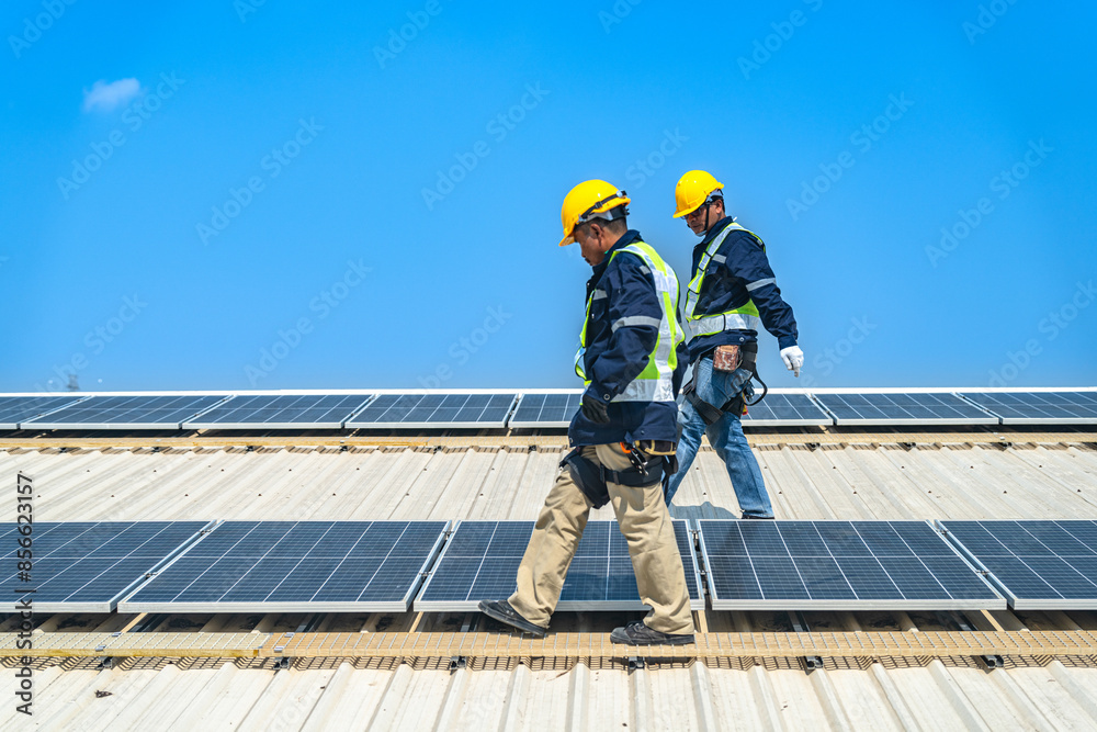 Wall mural worker technicians are working to construct solar panels system on roof with sky and clound on backg
