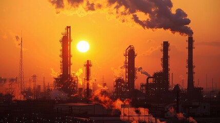 Fototapeta premium High vantage point view of sunrise over a factory town, showing layers of visible air pollution and industrial activity.