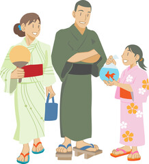 浴衣を着て縁日を楽しむ家族のイラスト