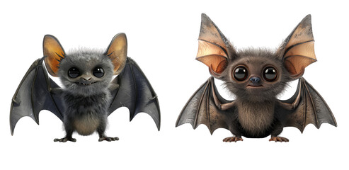 Set of Two adorable baby bats with large eyes and wings, isolated on PNG transparent background