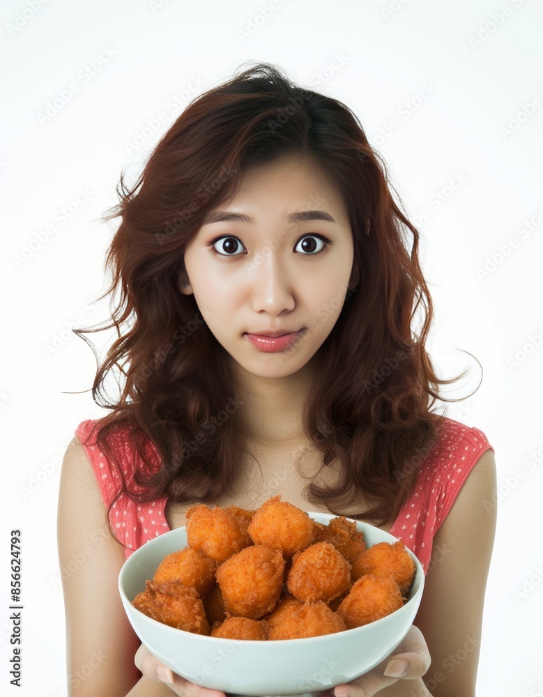 Wall mural pretty young women super model of chinese ethnicity holding butter chicken food with expressive expr